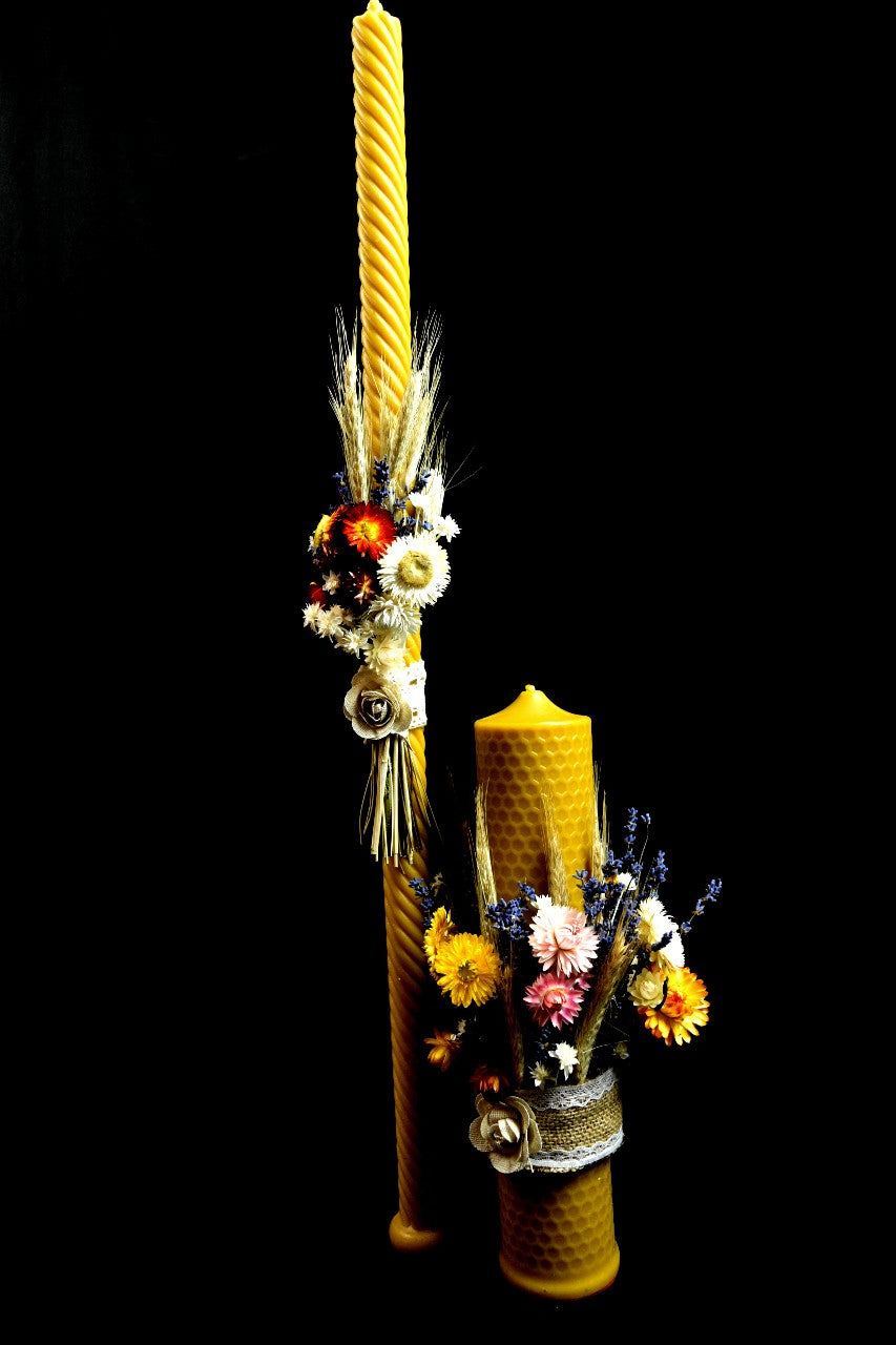 Long Christening or Wedding Candle with immortal flowers